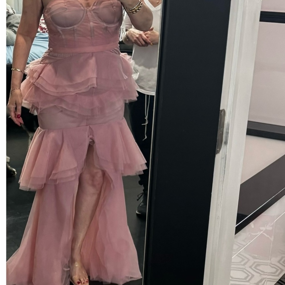 x REVOLVE Alai Gown in Mauve
Michael Costello Elegant Pink Tiered Evening Dress